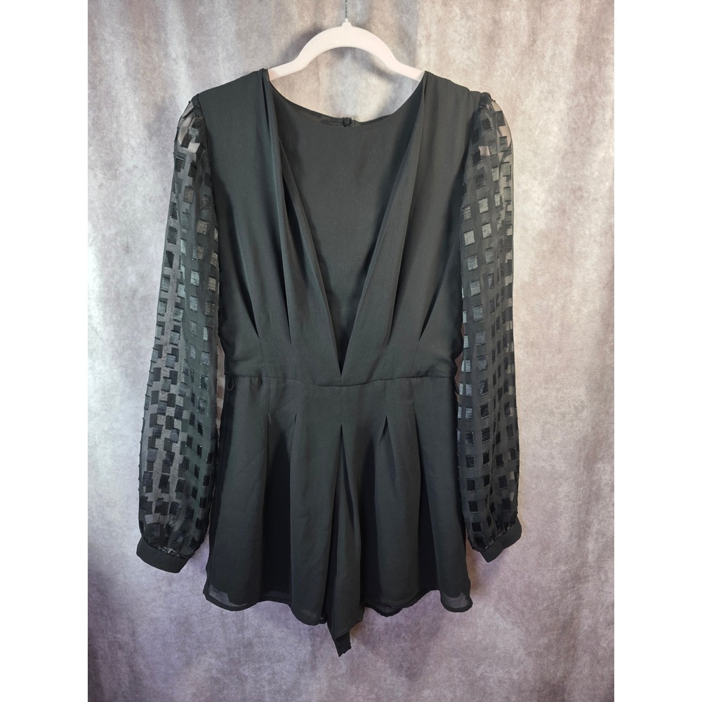 Forever 21 Contemporary Black Deep V-Neck Sheer Checkerboard Sleeve‎ Romper XS